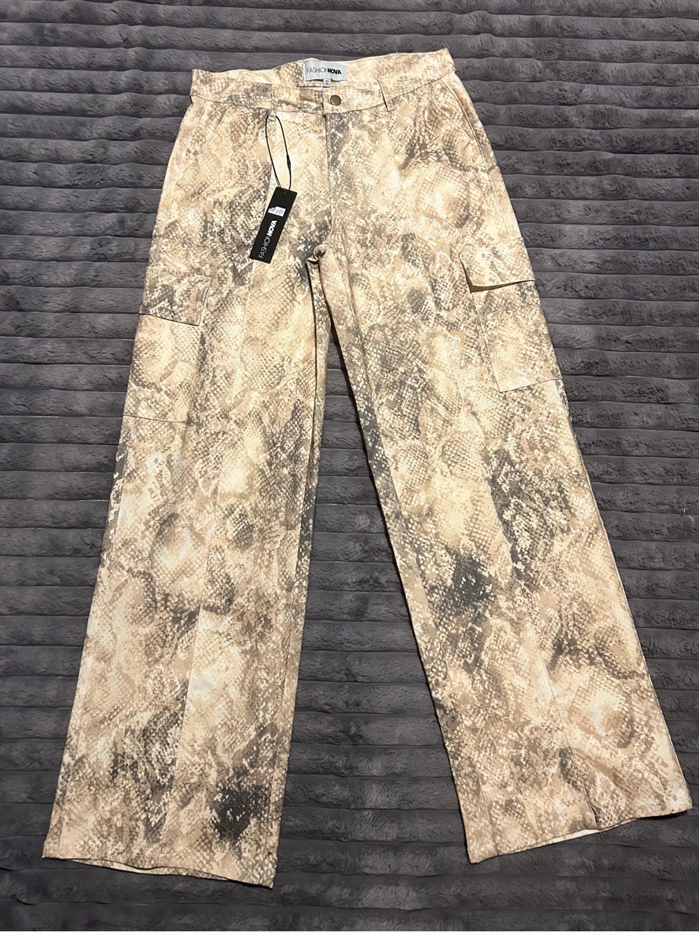 Fashion Nova beige snakeskin print wide-leg cargo pants